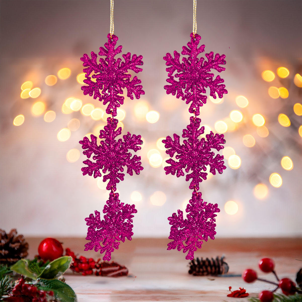 Copo de Nieve, Ornamento Colgante, Color Fucsia, 2 pzas