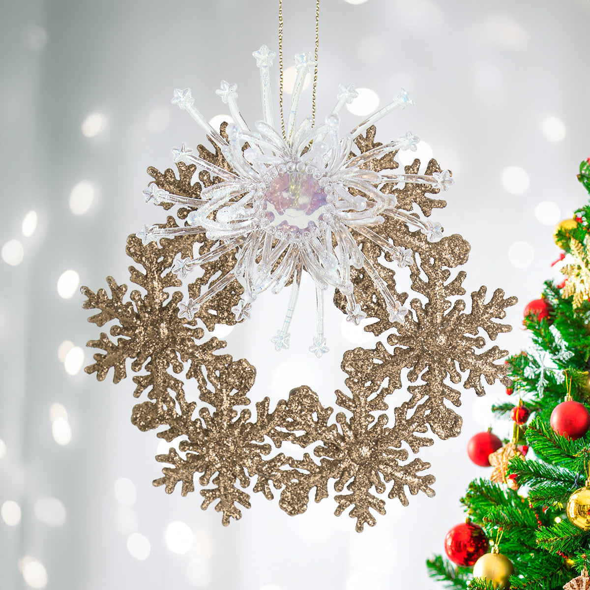 Copo de Nieve con Glitter y Adorno Plástico, Color Dorado