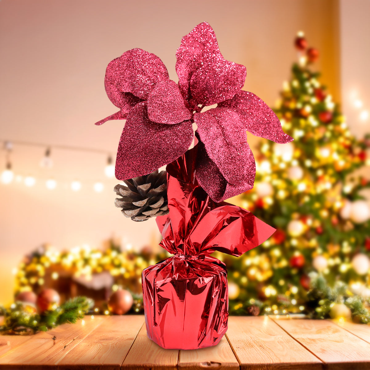 Maceta con Nochebuena Artificial, Glitter, Color Vino, 25 cm