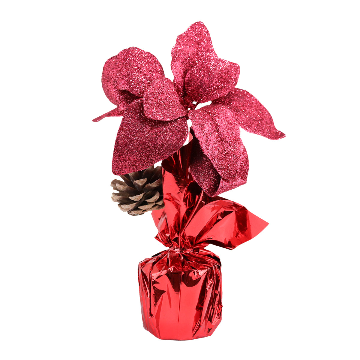 Maceta con Nochebuena Artificial, Glitter, Color Vino, 25 cm