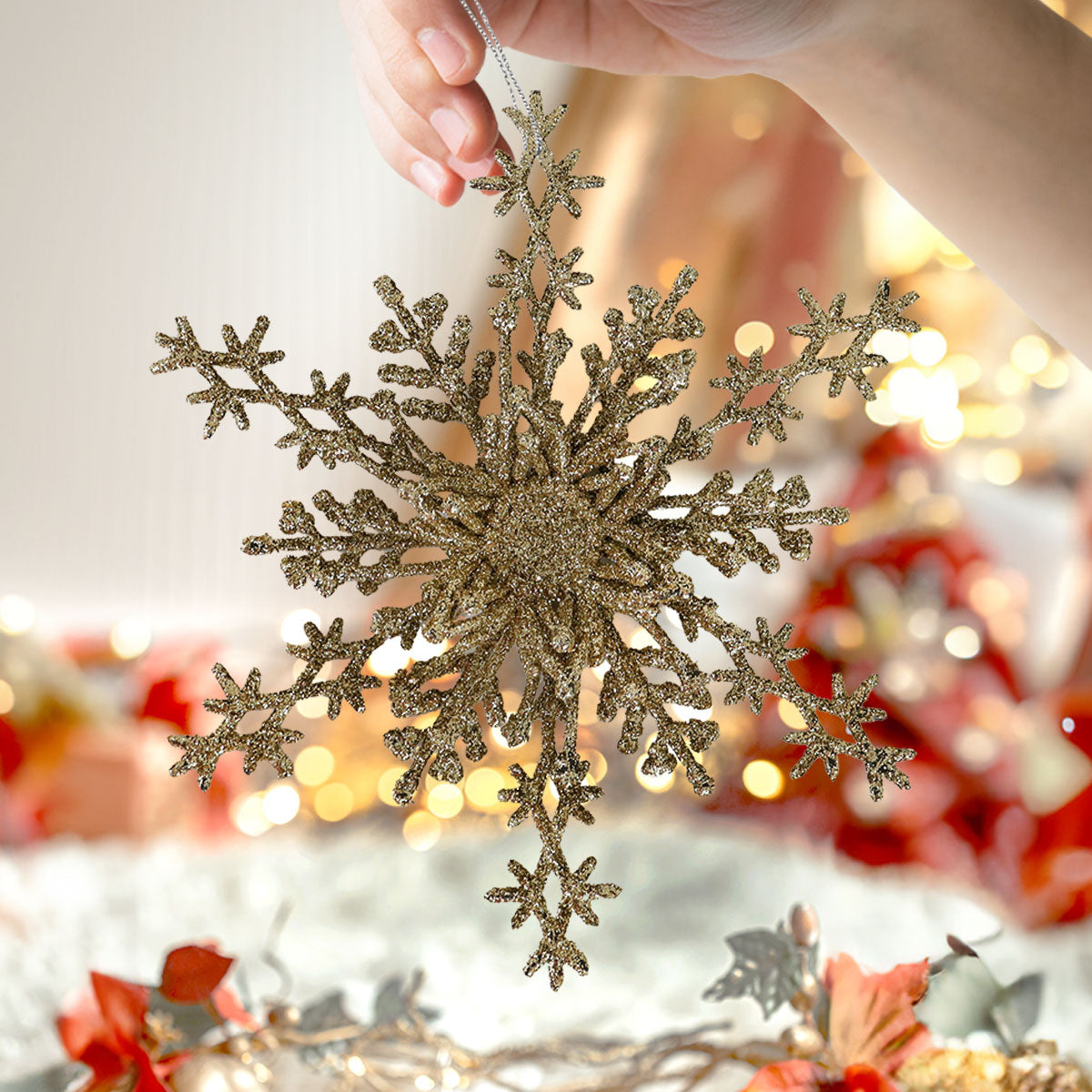 Copo de Nieve, Ornamento Navideño con Glitter, Color Dorado