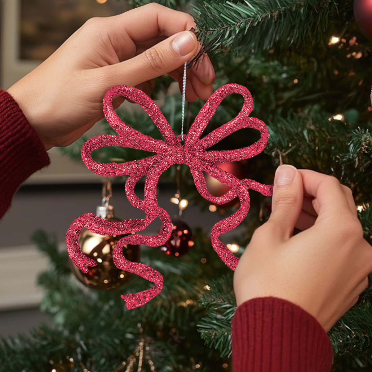 Moño Navideño con Diamantina color Rojo, 2 pzas
