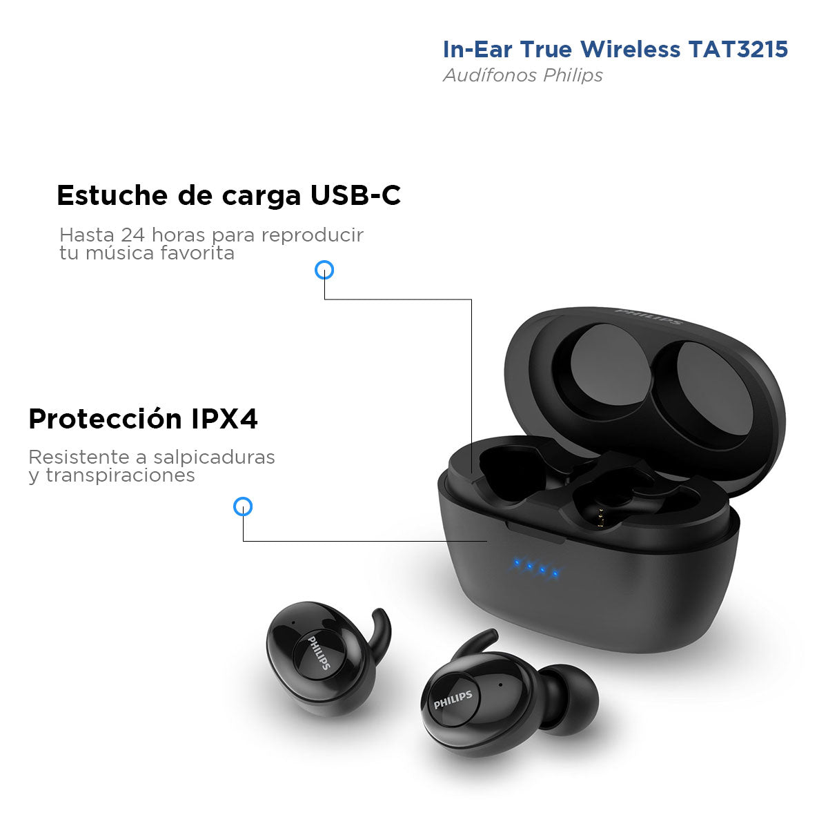 Audífonos Philips, In-Ear True Wireless TAT3215 Negro