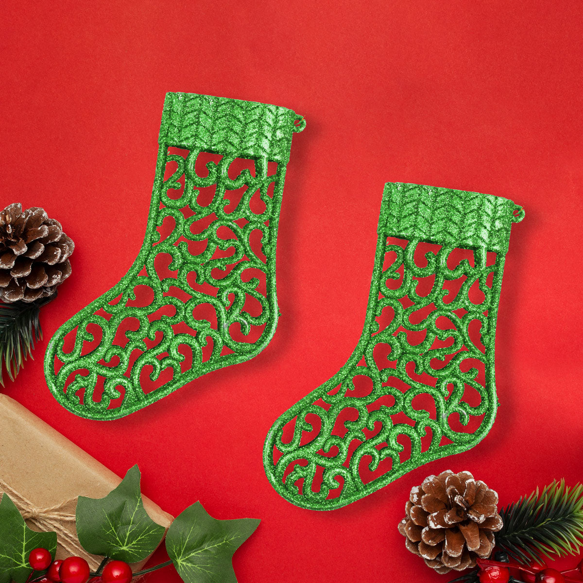 Botas Navideñas con Diamantina Verde, 2 piezas.