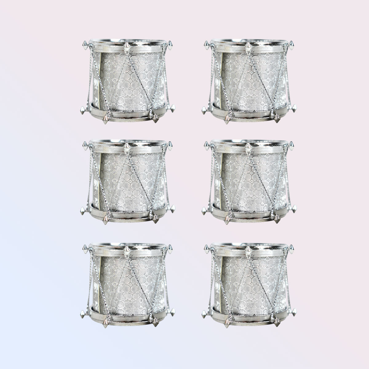 Mini Tamborcitos color Plata para Decoración Navideña, 6 piezas.