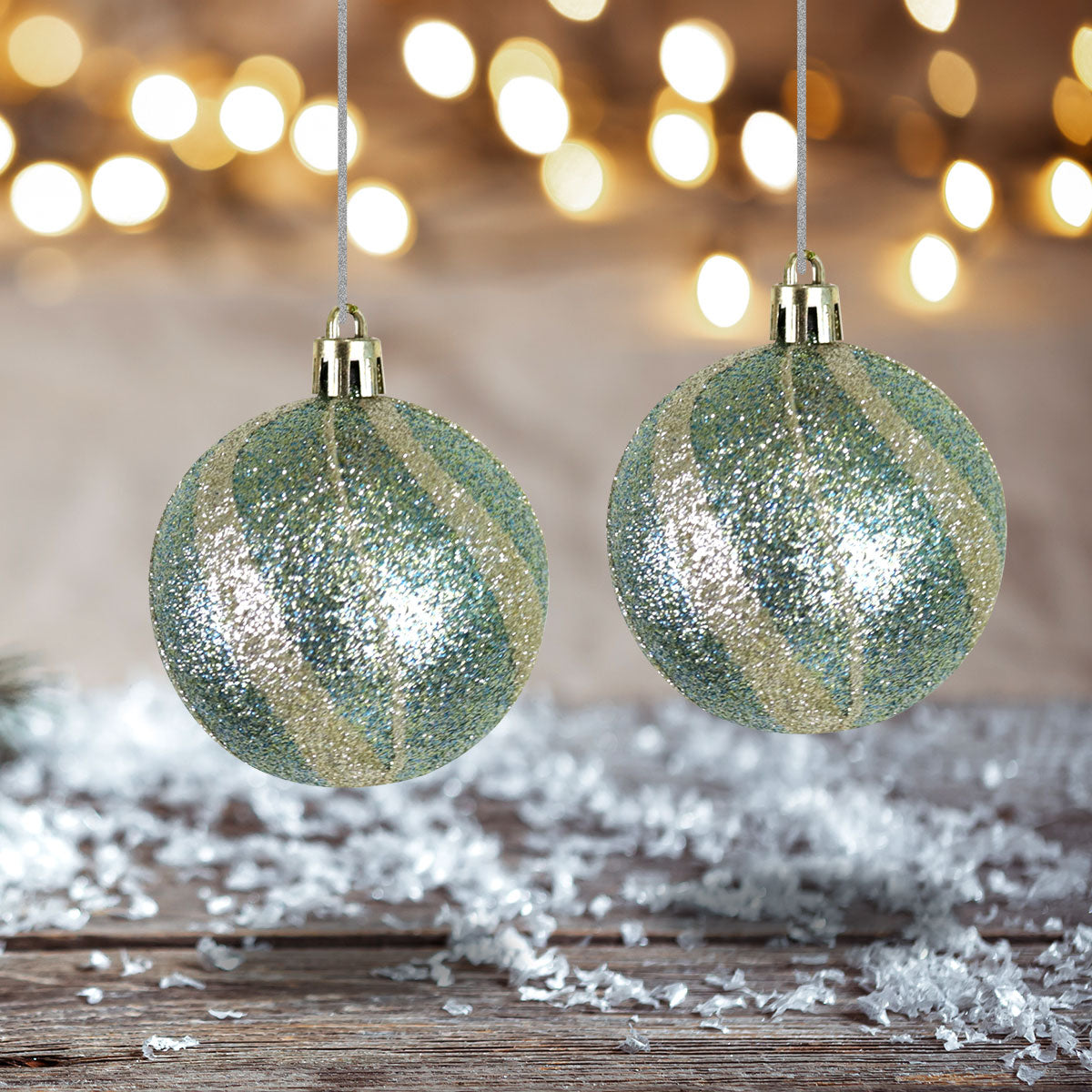 Esferas Navideñas Bicolor con Diamantina, 2 piezas.