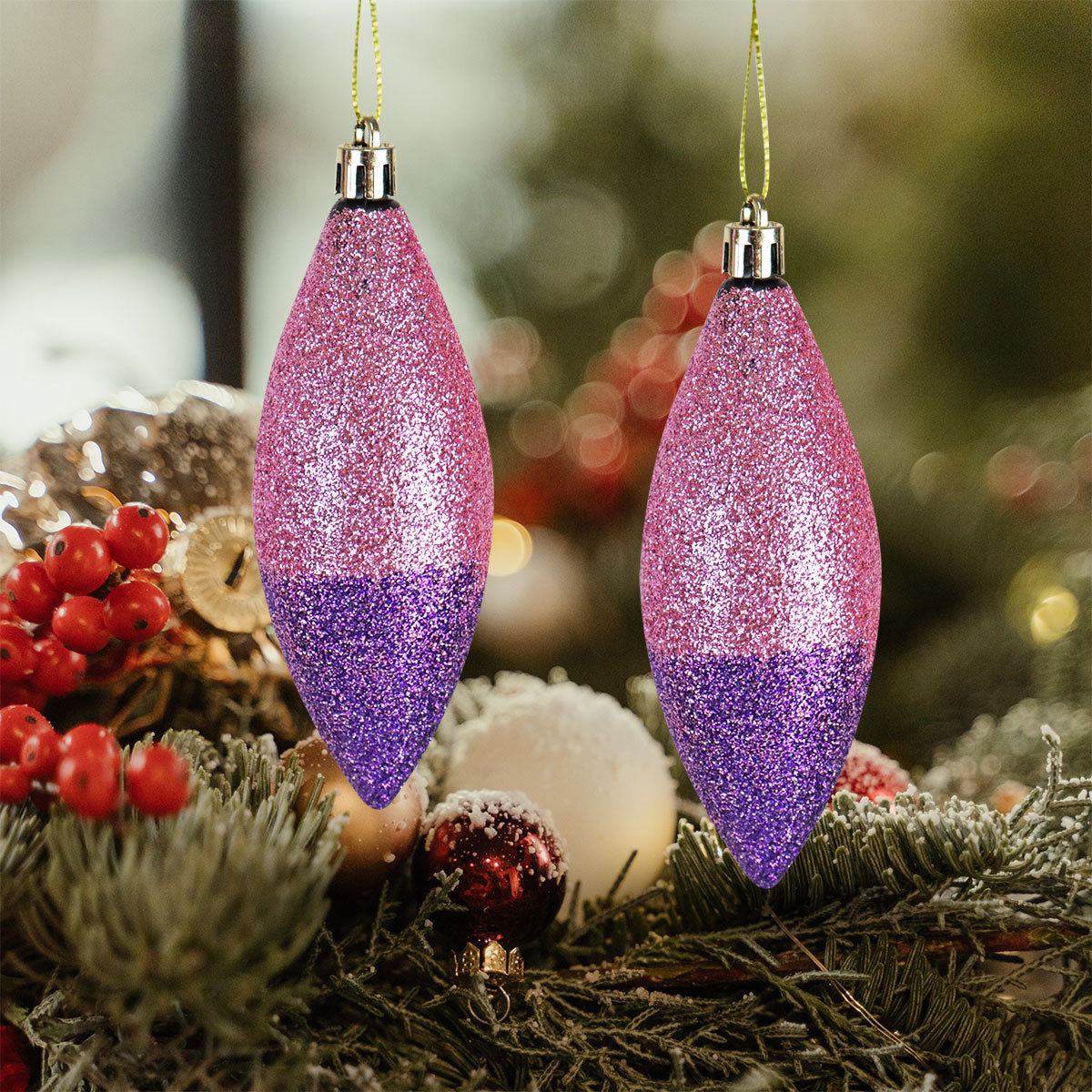 Esferas Navideñas Alargadas Diamantina Rosa, 2 piezas.