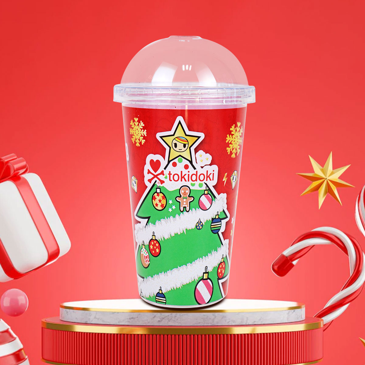 Vaso de Plástico con Tapa Diseño Navideño, Color Rojo.