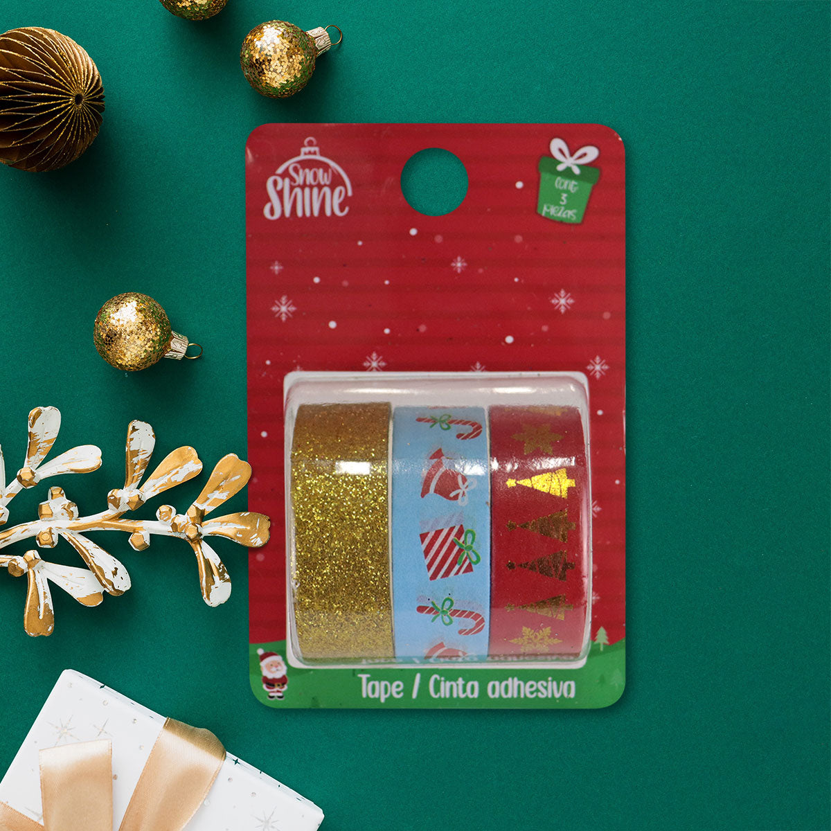 Cinta Adhesiva Diseño Navideño, 3 piezas.