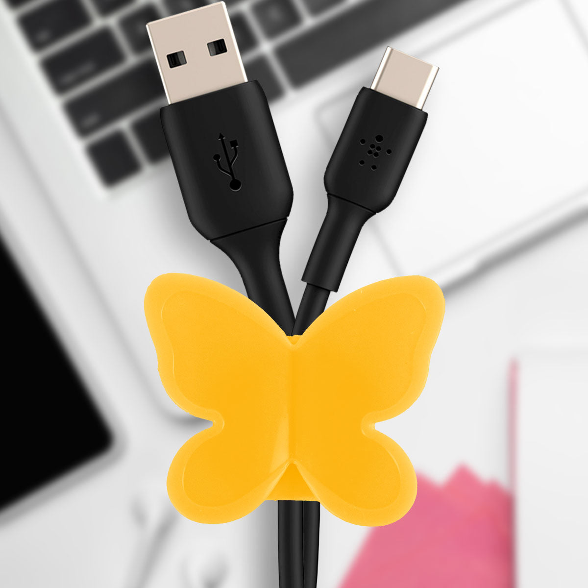 Organizador de Cables, Mariposa Color Amarillo, 4 piezas.