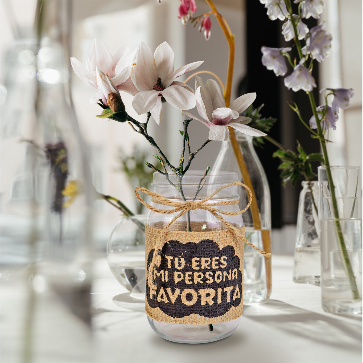 Tarro de Vidrio Mason Jar Decorado con Yute