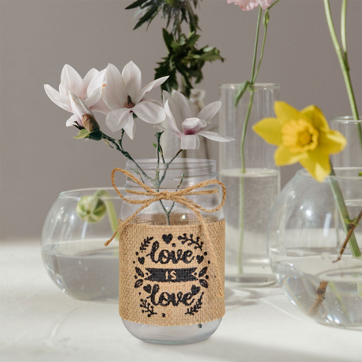 Tarro de Vidrio Mason Jar Love Decorado con Yute