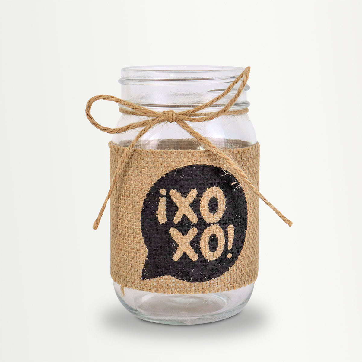 Tarro de Vidrio Mason Jar XOXO Decorado  con Yute