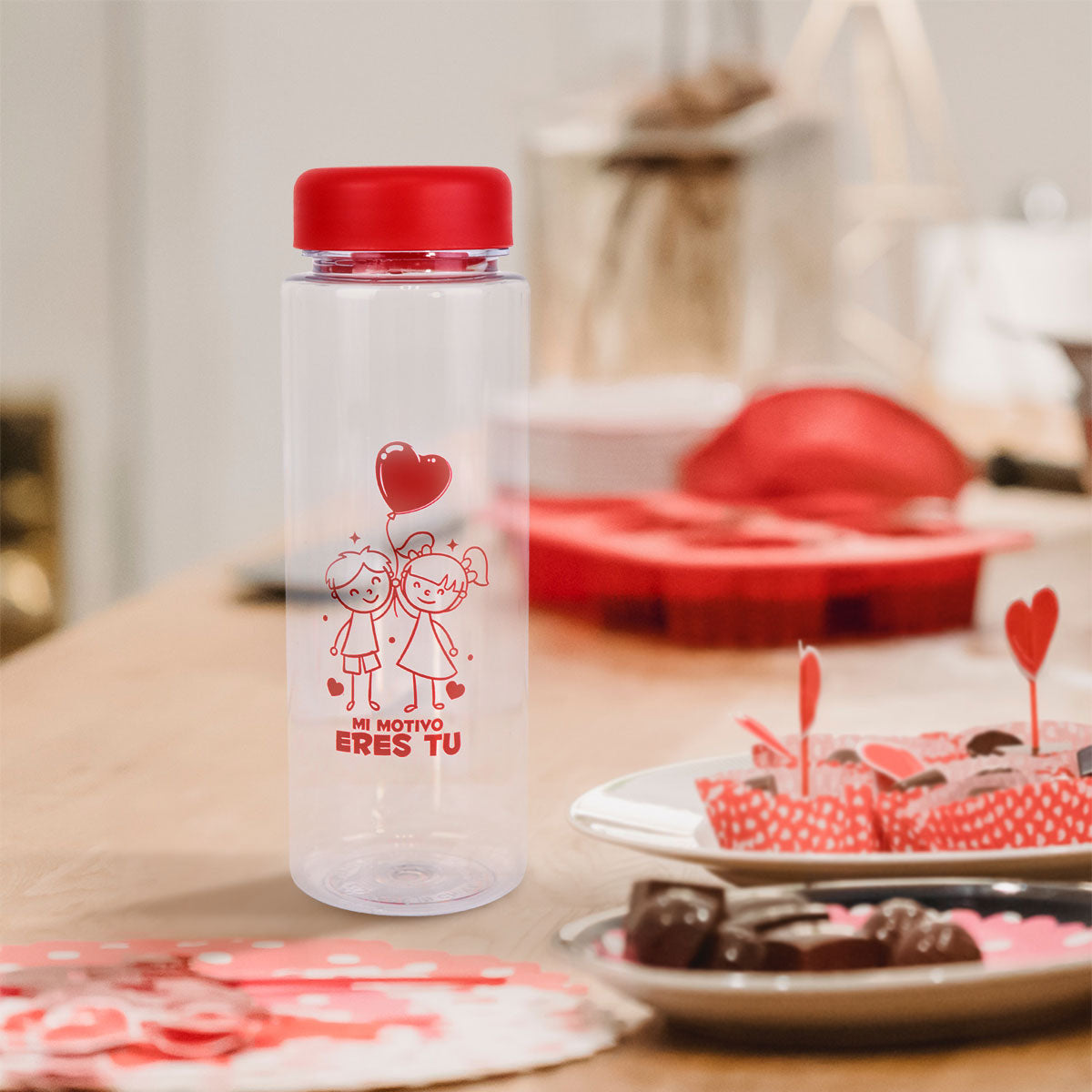 Botella de Plástico para Agua, Tapa Roja, Día de San Valentín.