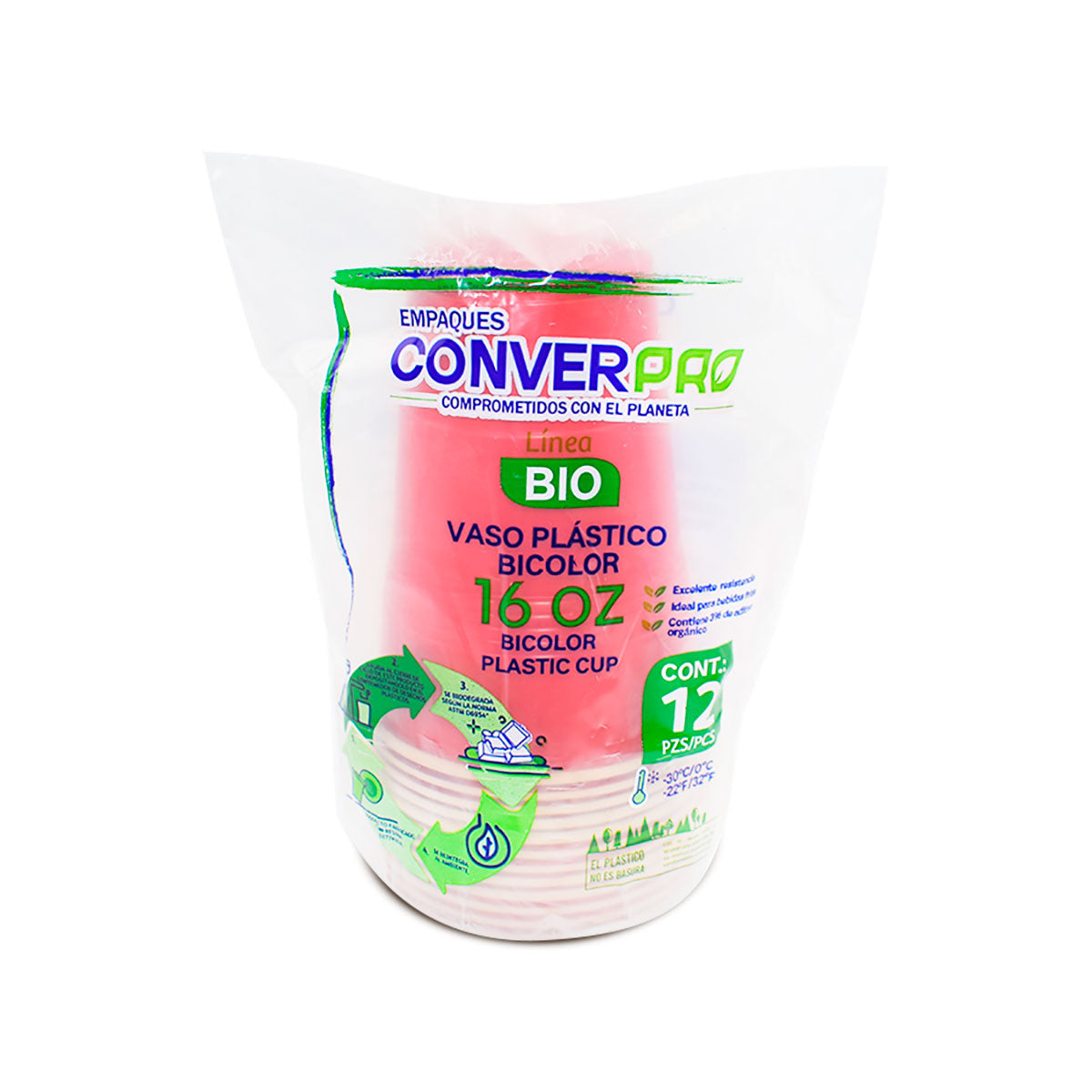 Bosco Paquete con 12 Vasos Plásticos Bicolor 16oz
