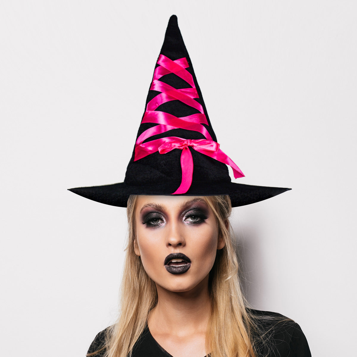 Sombrero de Bruja para Disfraz Negro con Rosa