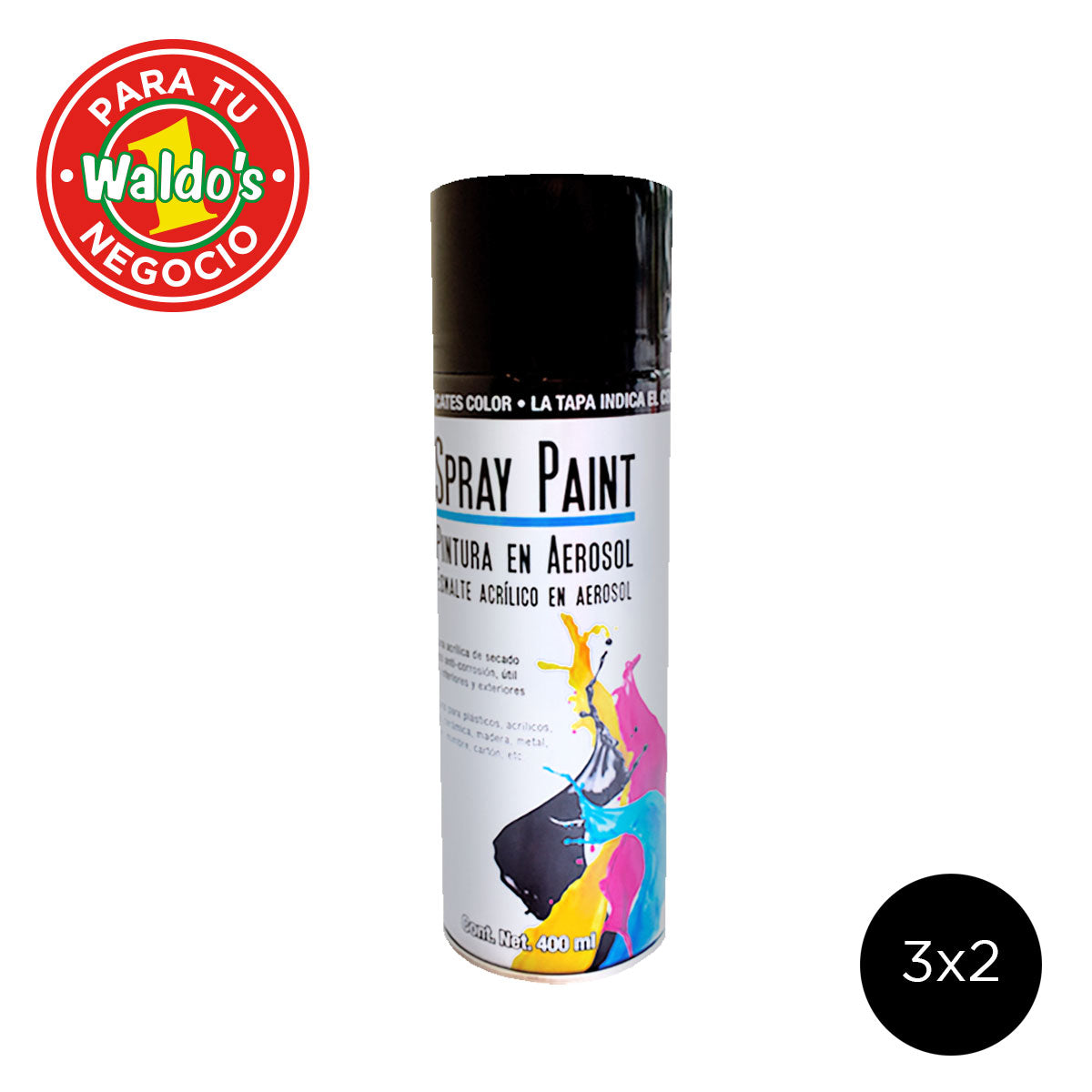 Wow! 3 x 2 Pintura en Aerosol Color Negro Brillante 400ml.